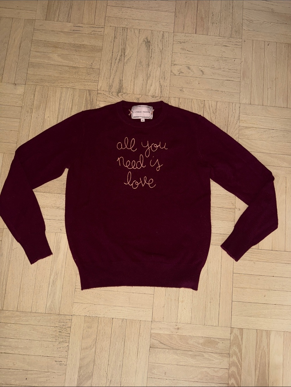Lingua Franca Embroidered 'All You Need Is Love' Crewneck Sweater - Burgundy